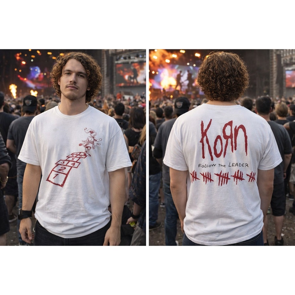 Korn Follow The Leader Tee Men's XL White Double Sided Graphic Nu Metal Band